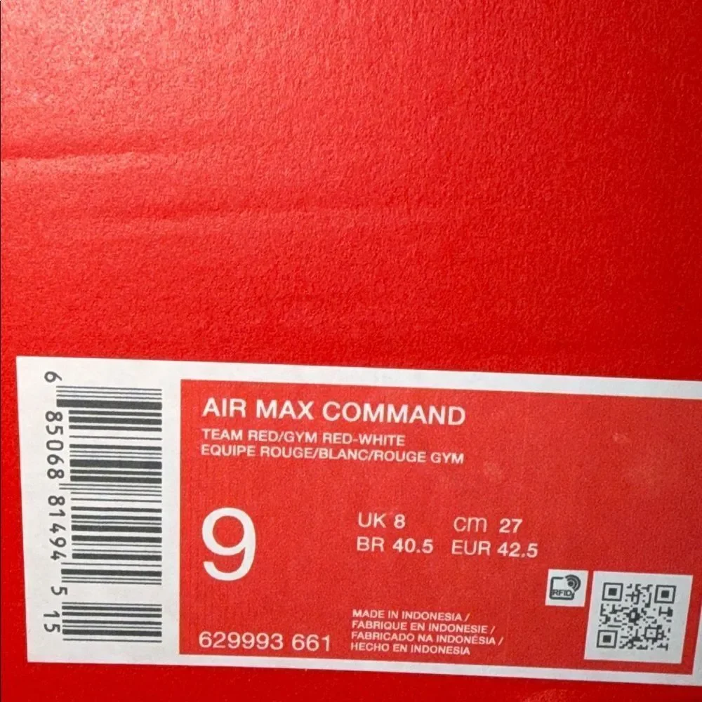 Nike Air Max Command Gym Red 629993-661 Men’s Size 9